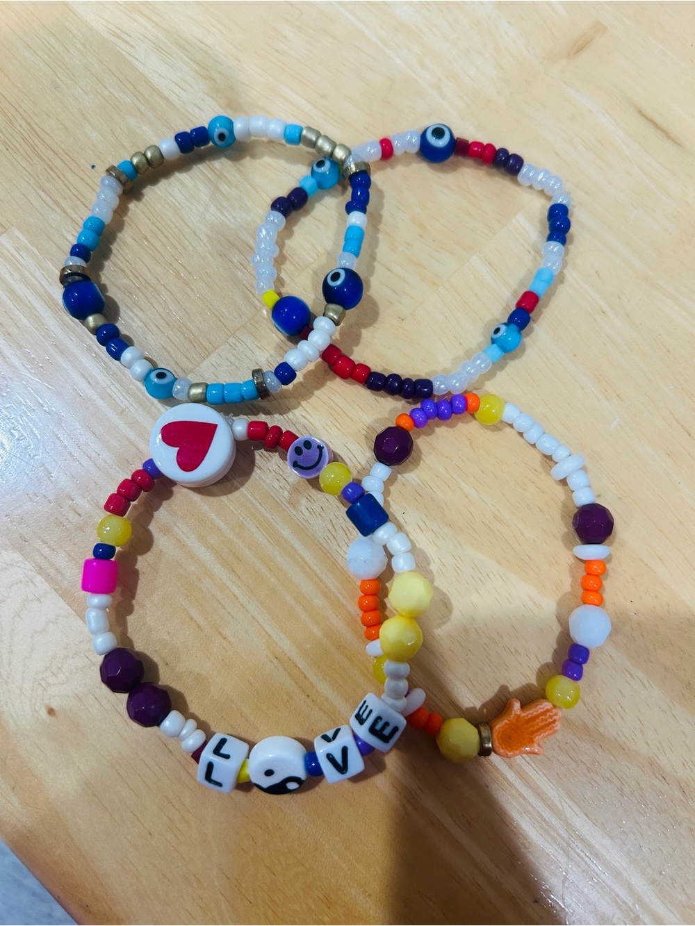 Youth/Women Beaded Stretch Bracelets Set - Colorful Heart & Smile Designs
